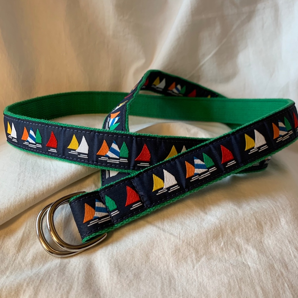 Preston green cotton webbed belt with sailboats embroidered on ribbon